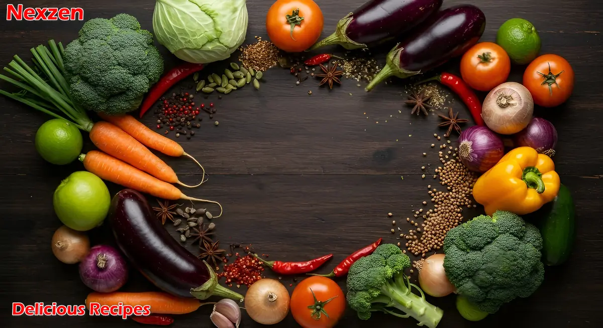 Colorful recipe banner with fresh vegetables, spices, and herbs arranged on a dark wooden background, featuring bold text 'Delicious Recipes' and the Nexzen Market logo.